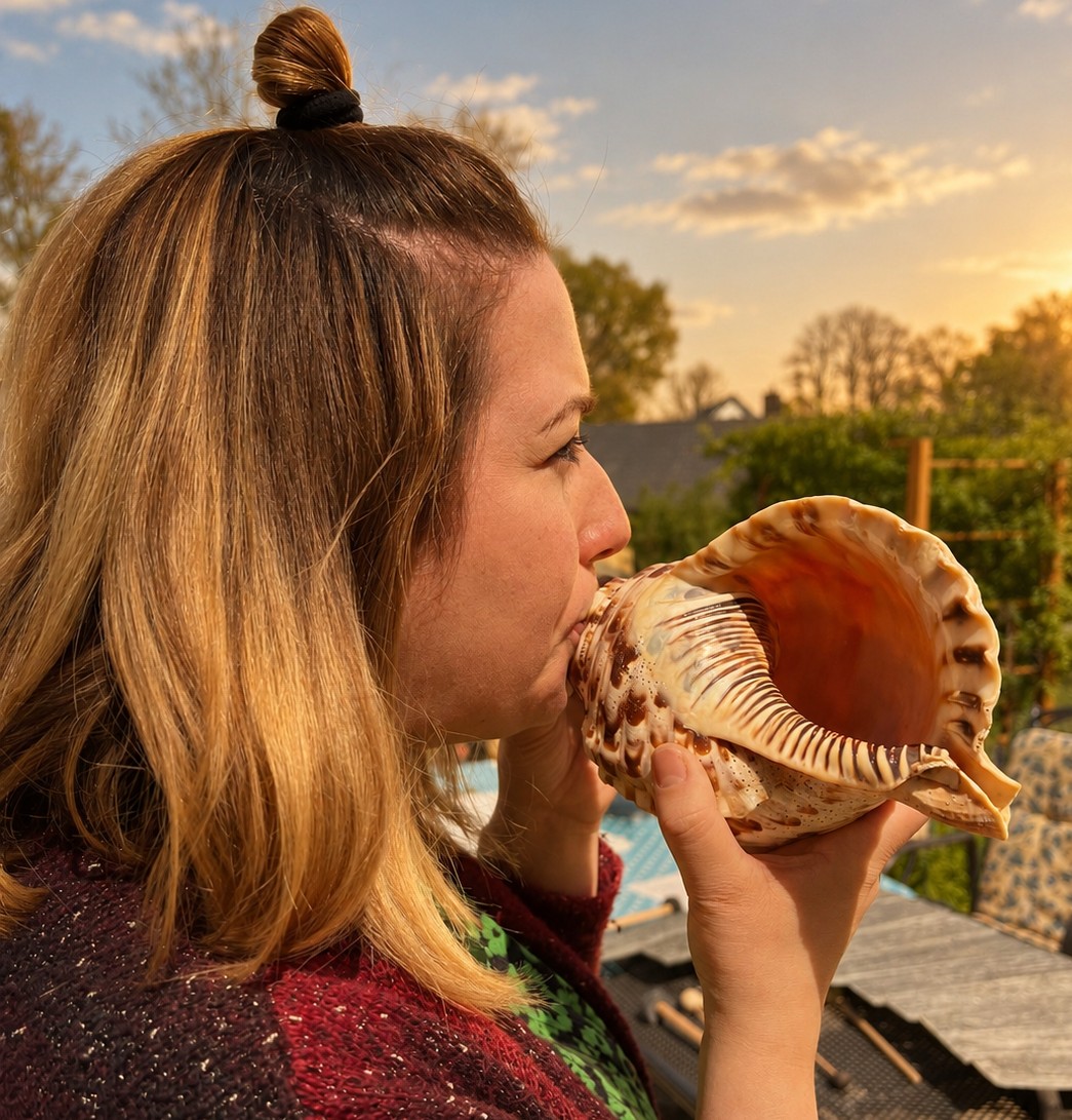 Izzy bläst im Abendlicht in ein großes Muschelhorn